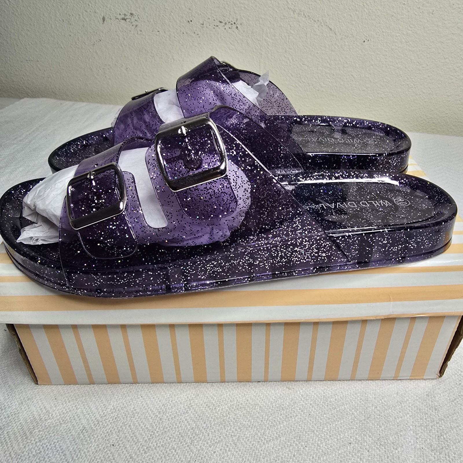 Wild Diva Purple Glitter Double Buckle Adjustable Strap Slide Sandals Women’s