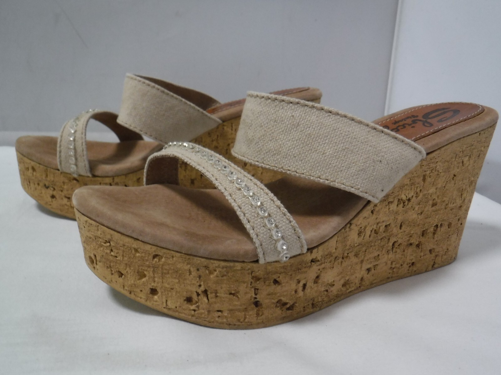 PF2 SBICCA Vintage Collection Cork Platform Beige Canvas Wedge Heel Sandals 8 39