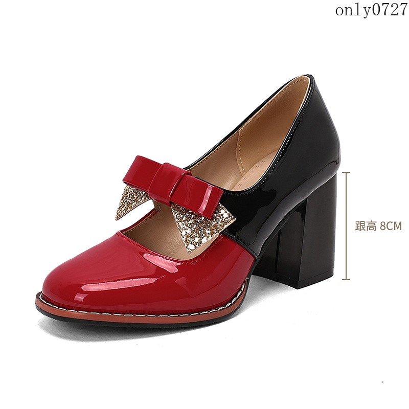 Women’s Colorblock Shiny Faux Leather Bowknot Sequins High Block Heel Shoes Plus