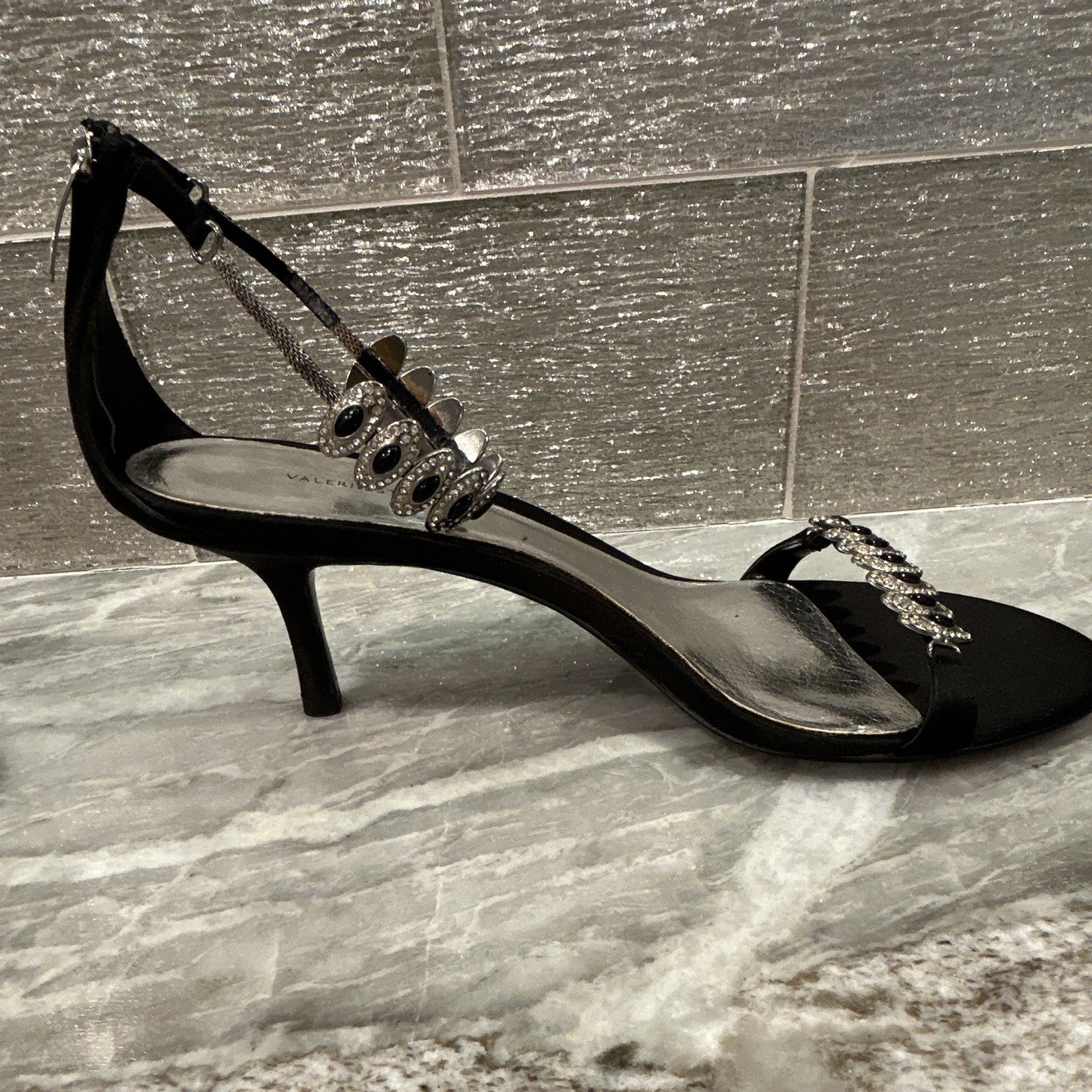 Valerie Stevens Black Satin Rhinestone Strappy Open Toe Ankle Strap Heels 9 M