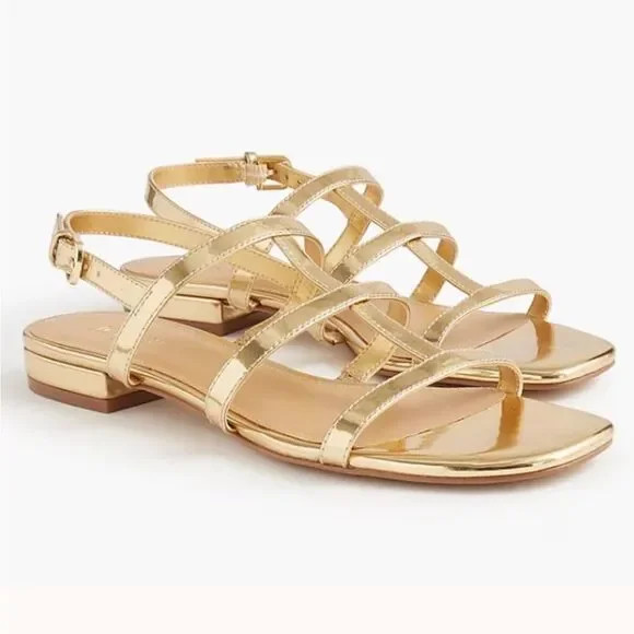 J. Crew~Gold~Cage~Ankle~Straps~Low block heels~Sandals~7 1/2~8N~NWT!