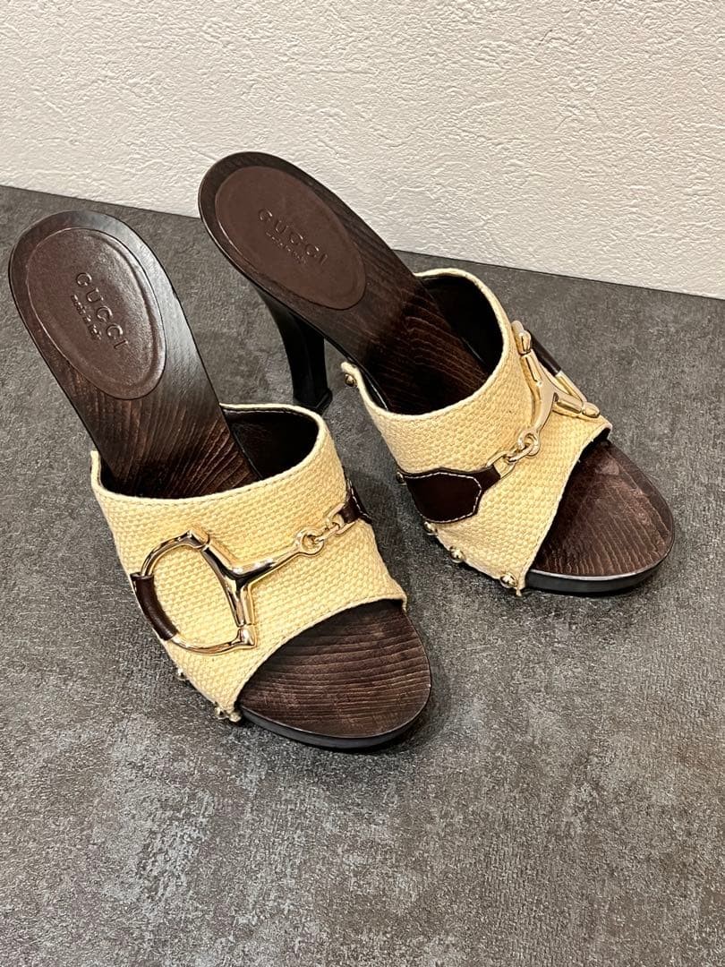 GUCCI Horsebit Mules Sandals Size 23cm 9in Brown Canvas Wood Sole