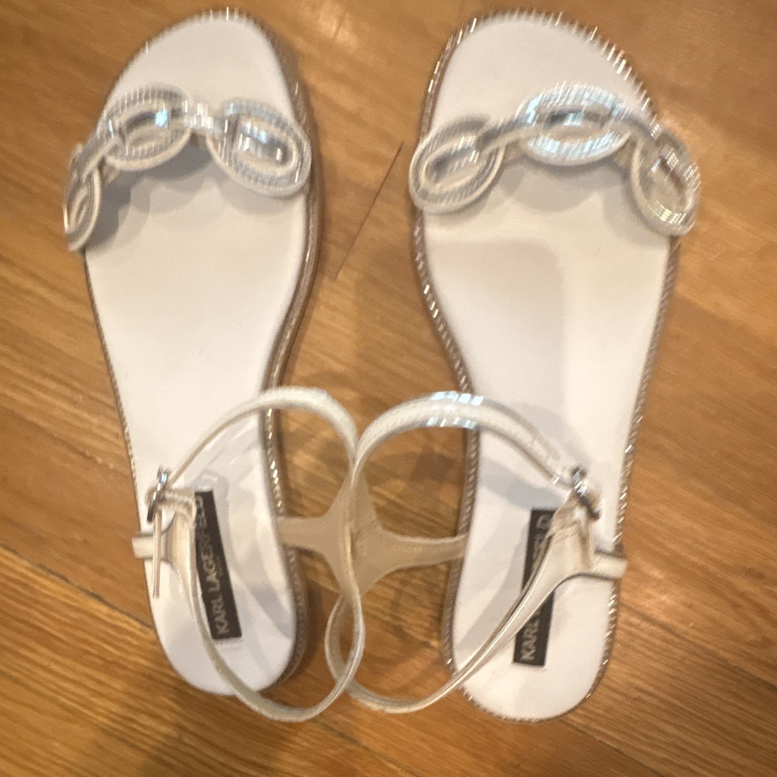 Karl Lagerfeld Women’s Chain Ankle Strap Leather Strappy Sandals White/Silver 10