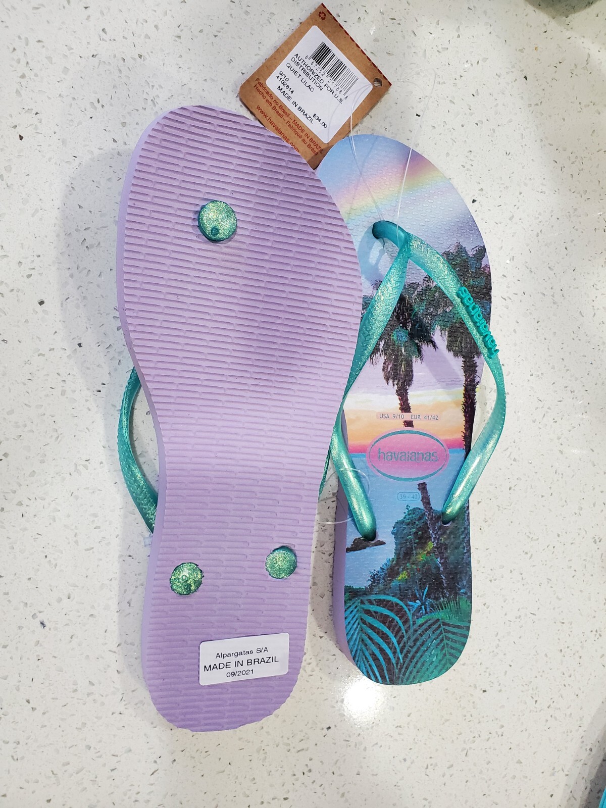 Havaianas Slim Iridescent Quiet Lilac Summer Flip Flops Palm Tree Size usa 9/10