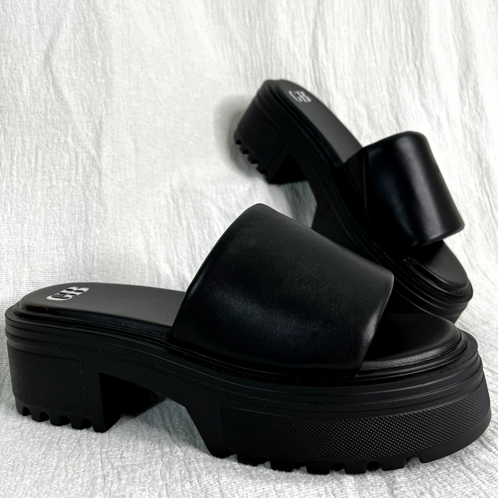 Leather Black Padded Lug Sole Platform Slide Sz 10 Womens Chunky Punk Grunge NEW