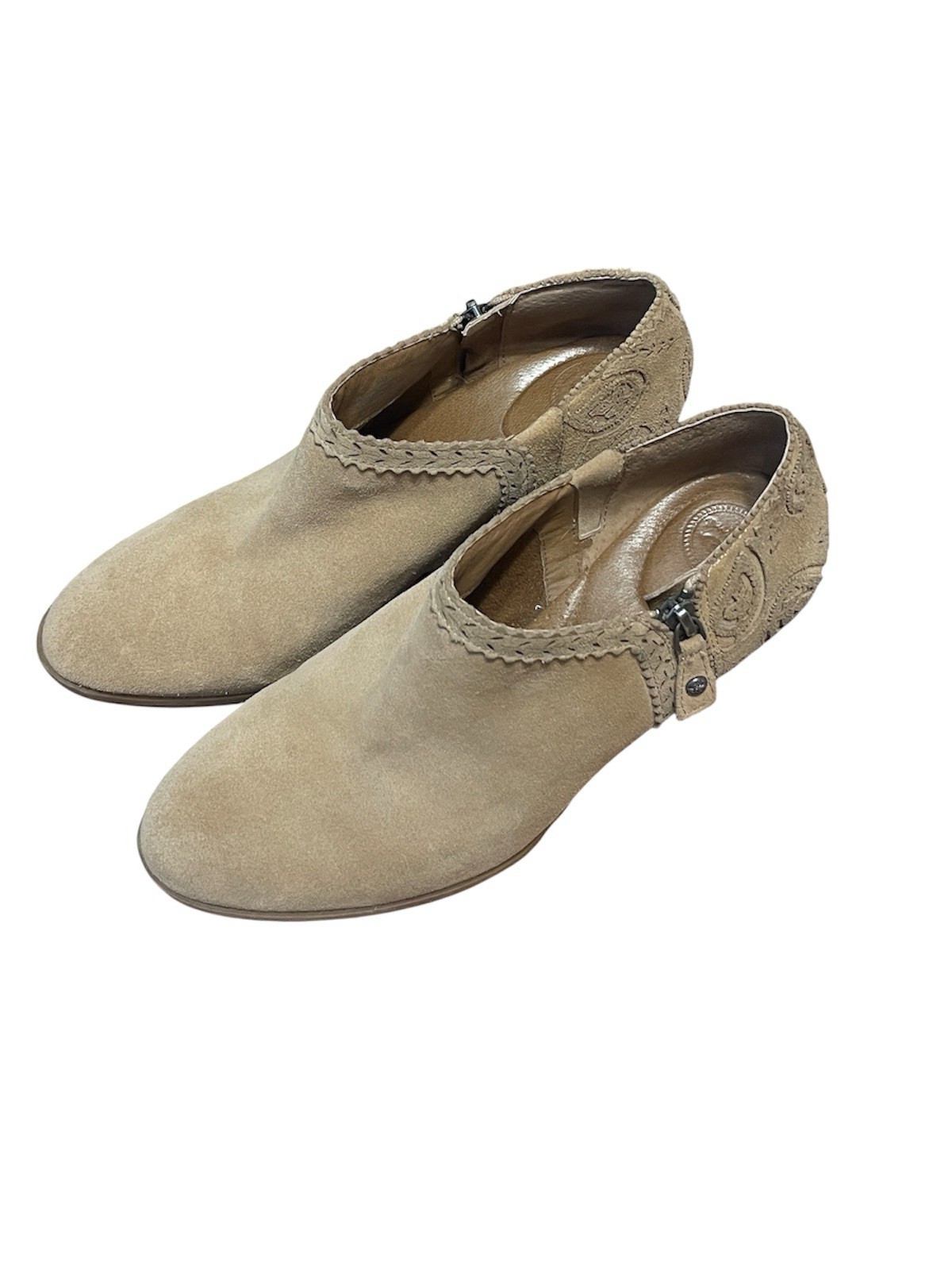 Nurture By Lamaze Suede Ankle Booties Cutout Leaves Scalloped Edging Tan Size 9