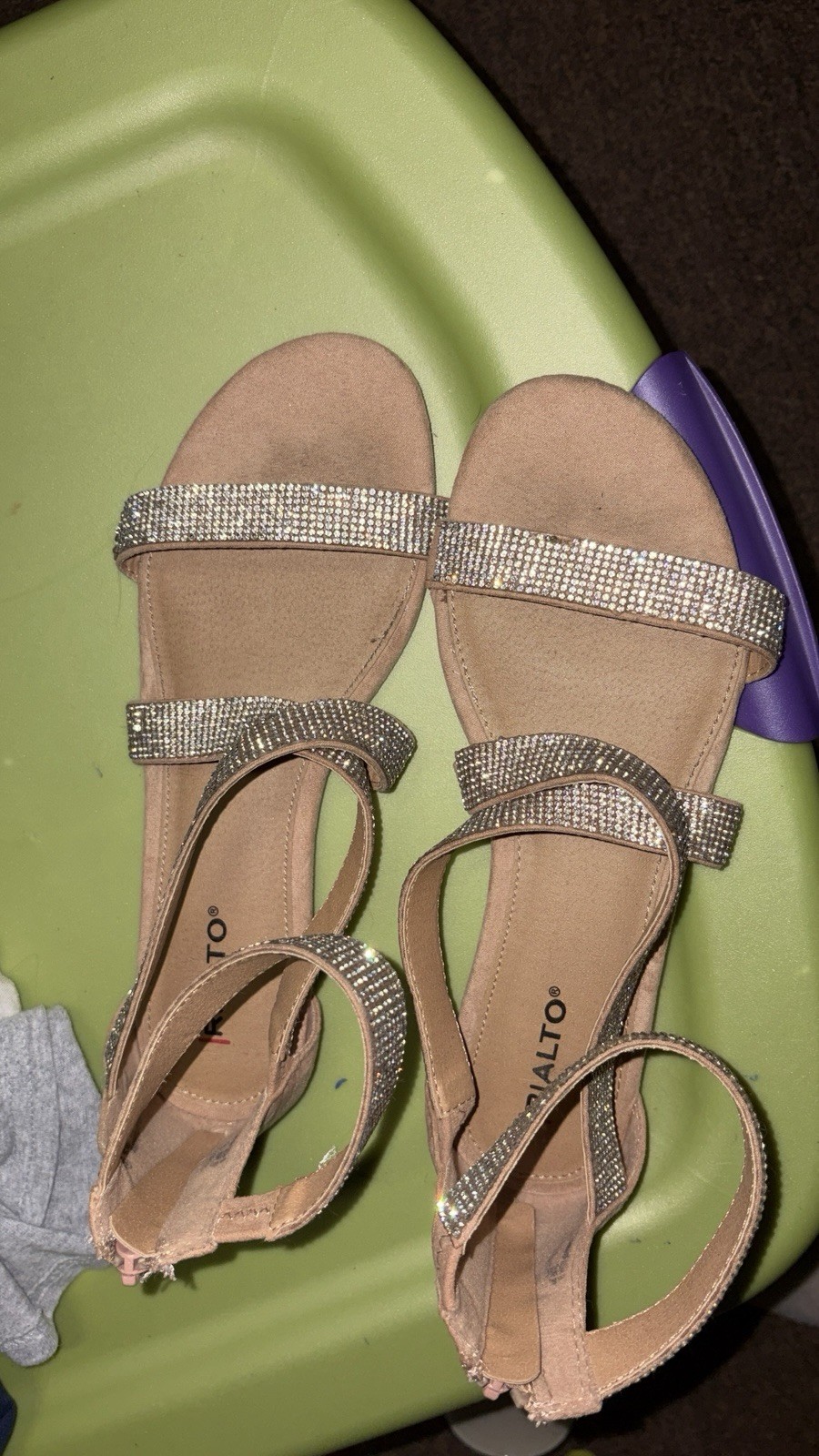 Rialto Women’s Rhinestone Strappy Ankle Strap Sandals Beige/Silver US 8