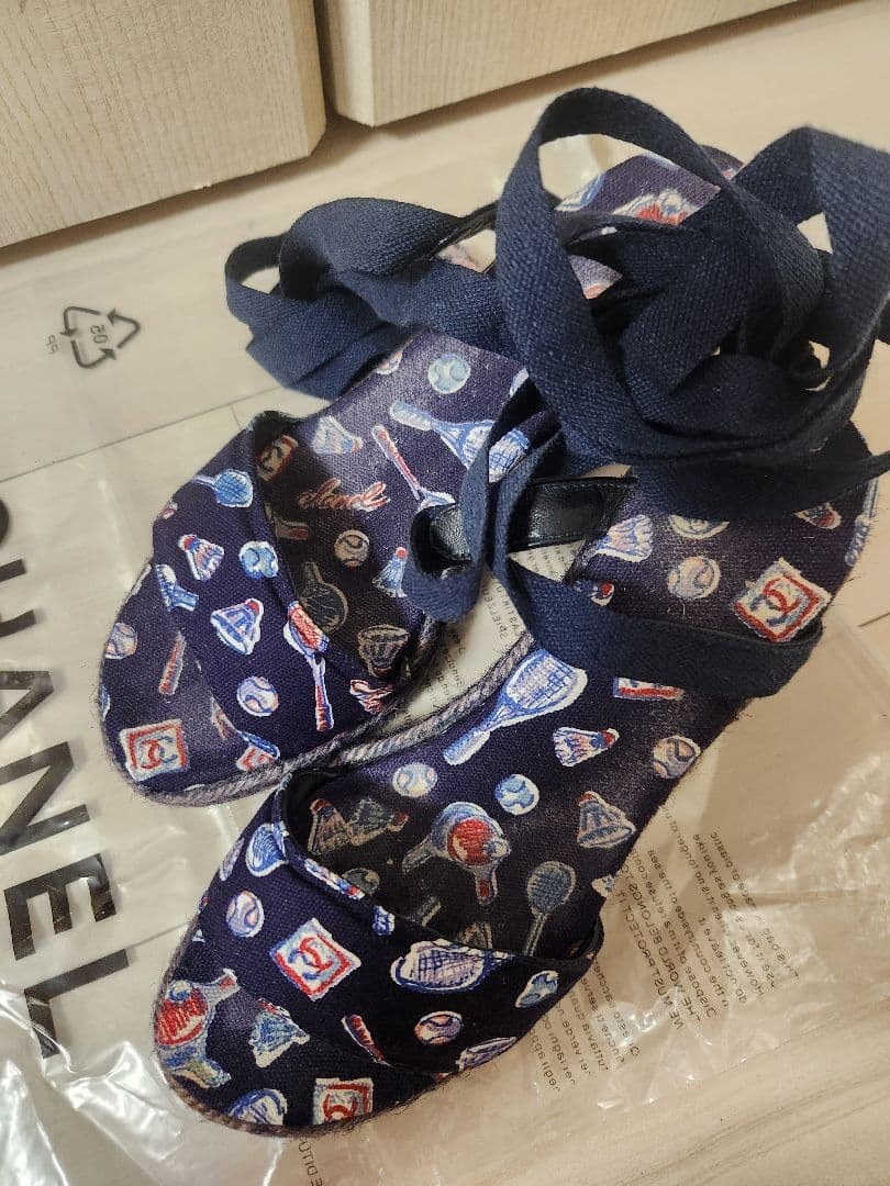 Rare CHANEL Navy Print Wedge Sandals with Ribbon Straps – Size 22.5cm / US 5.5