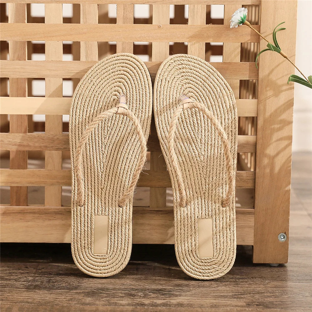 2025 Women Indoor Floor Flat Shoes Linen Flip Flops Home Slippers Female Slipper
