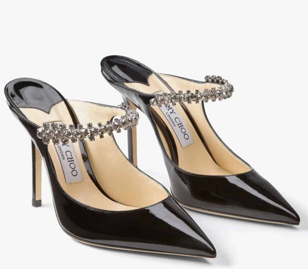 Jimmy Choo Bing 100 Black Patent Leather Heels with Crystal Strap in size 38.5