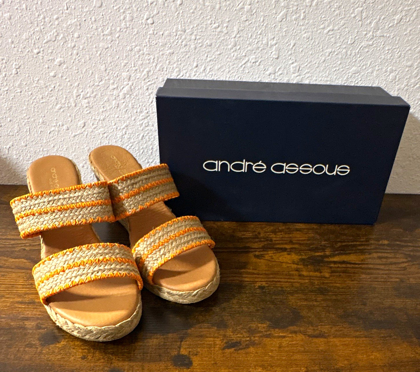 Andre Assous Raffia Wedge Slide Sandals Braided Natural/Orange Striped US 11 M