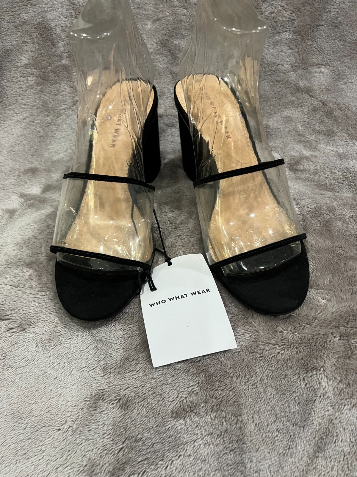 NWT Who What Wear Block heel suede sandals wide transparent strap trimmed size 7