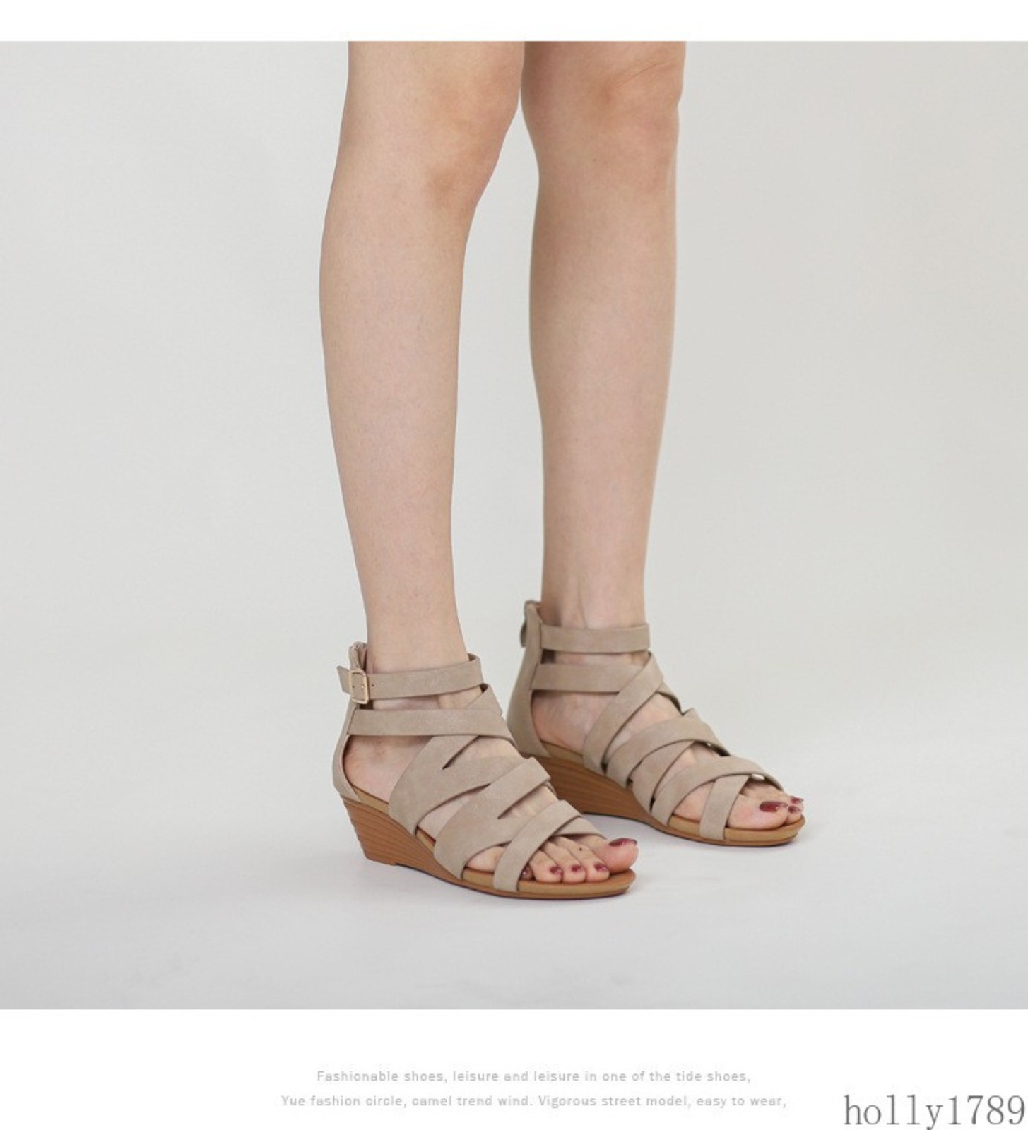 Women Crisscross Multi Strap Adjustable Buckle Zip Open Toe Wedge Heel Sandals