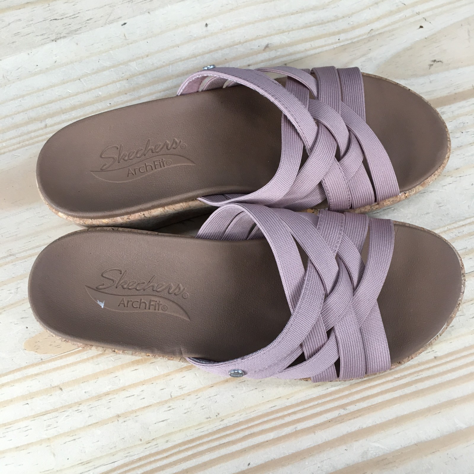 Skechers Arch Fit Beverlee Sandals Womens 7 Cork Wedge Slide 119258 Mauve Purple