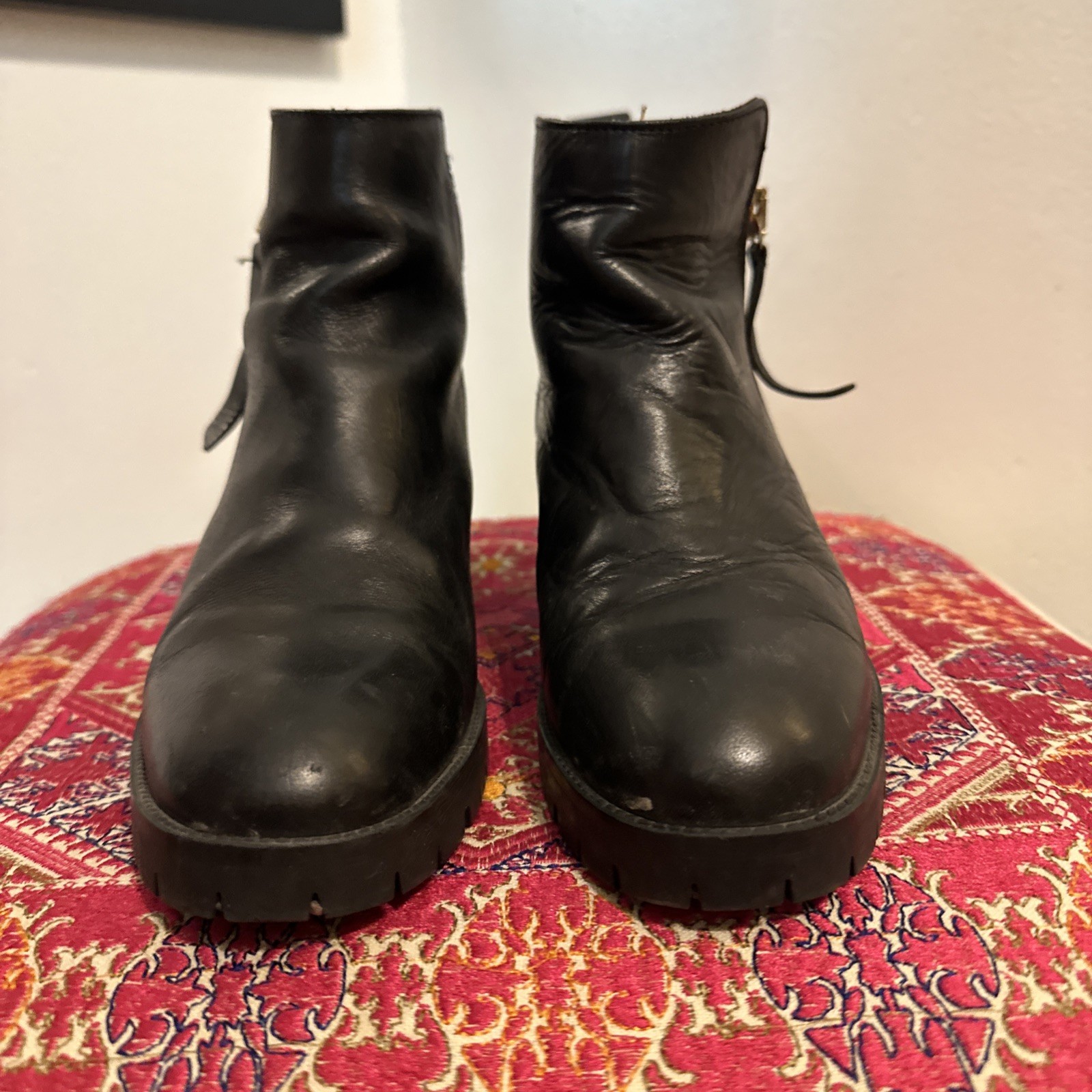 H5 Bimba Y Lola Women 36 (US 5) Black Leather Zip Chukka Lug Ankle Boots Spain