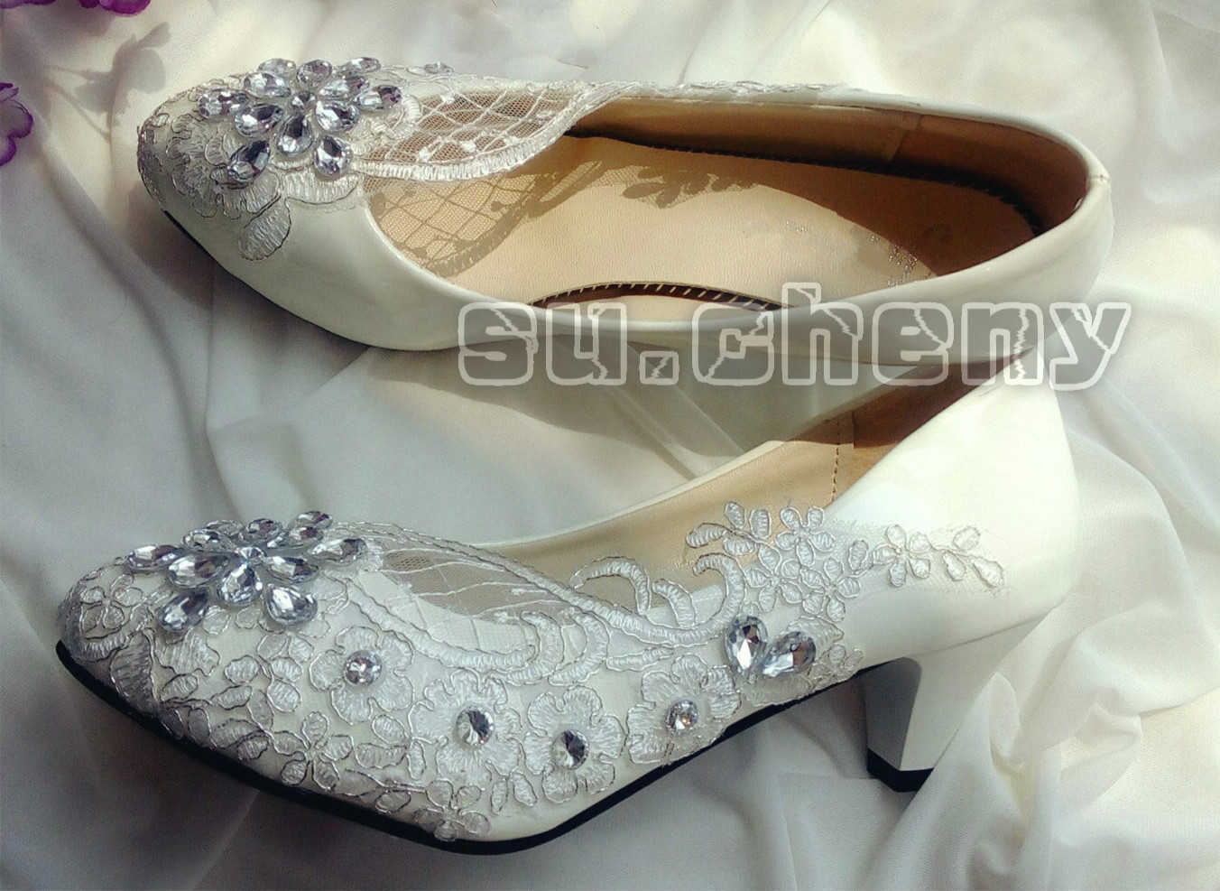 su.cheny- Lace white ivory crystal flats low high heel pump Wedding Bridal shoes