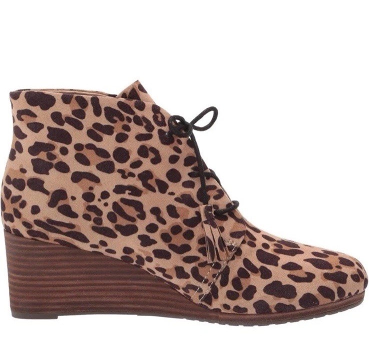 Dr. Scholl’s Dakota Tan Black Leopard Print Tassel Closed Chunky Wedge Lace Up 9