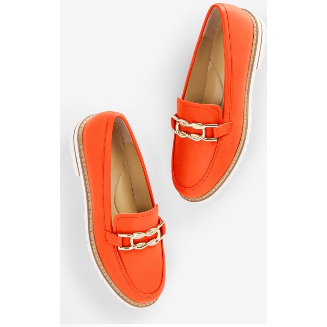 Talbots NWT Laura Link Leather Loafers Bright Tangerine Orange Gold Chain 8.5M