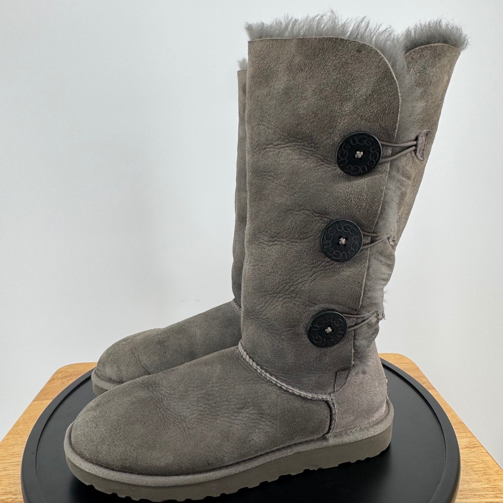 UGG Australia Bailey Button Triplet Grey Sheepskin Suede Tall Boots 1873 Size 8