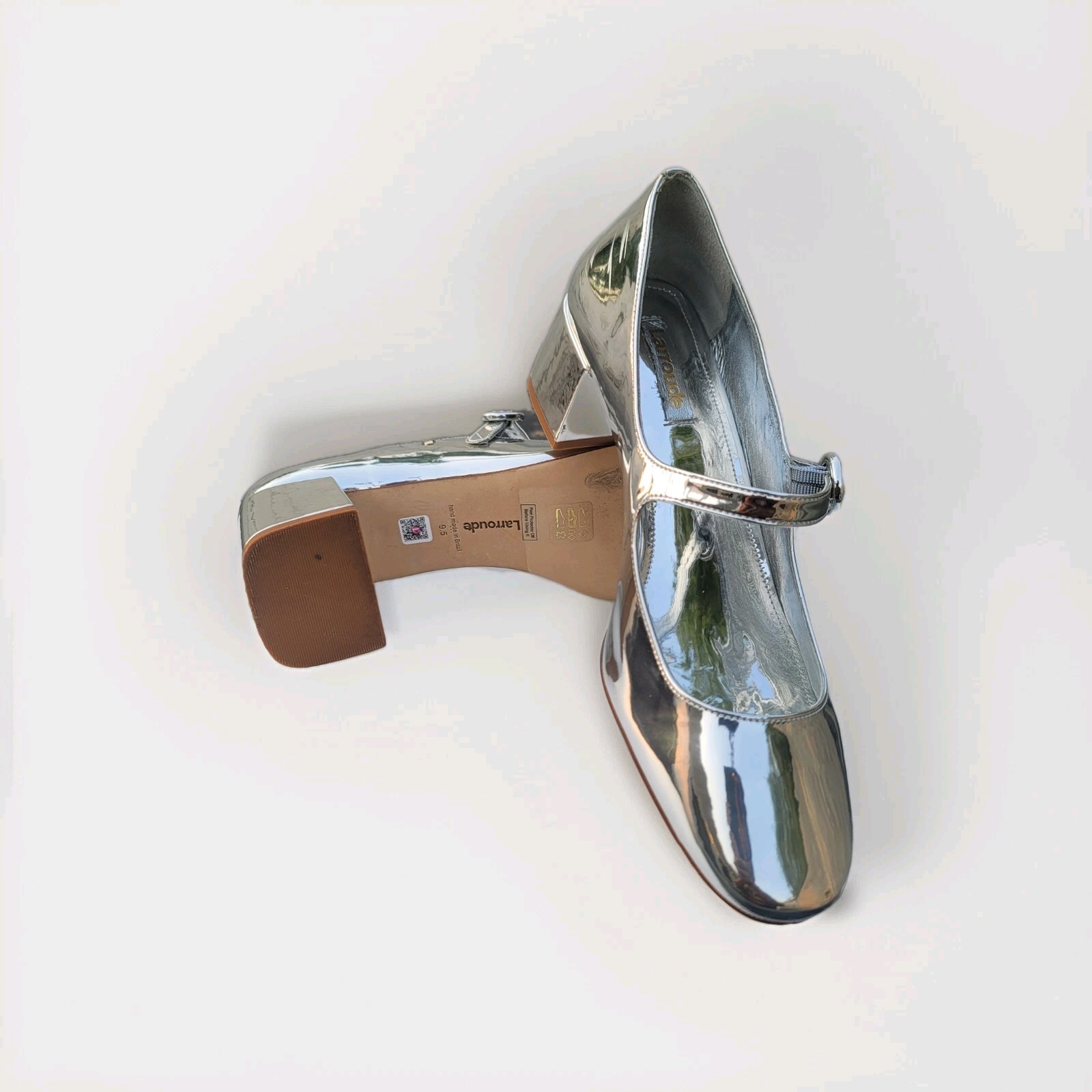 ​Larroude Blair Mary Jane Silver Specchio Leather Block Heel Pump Shoes Womens 9