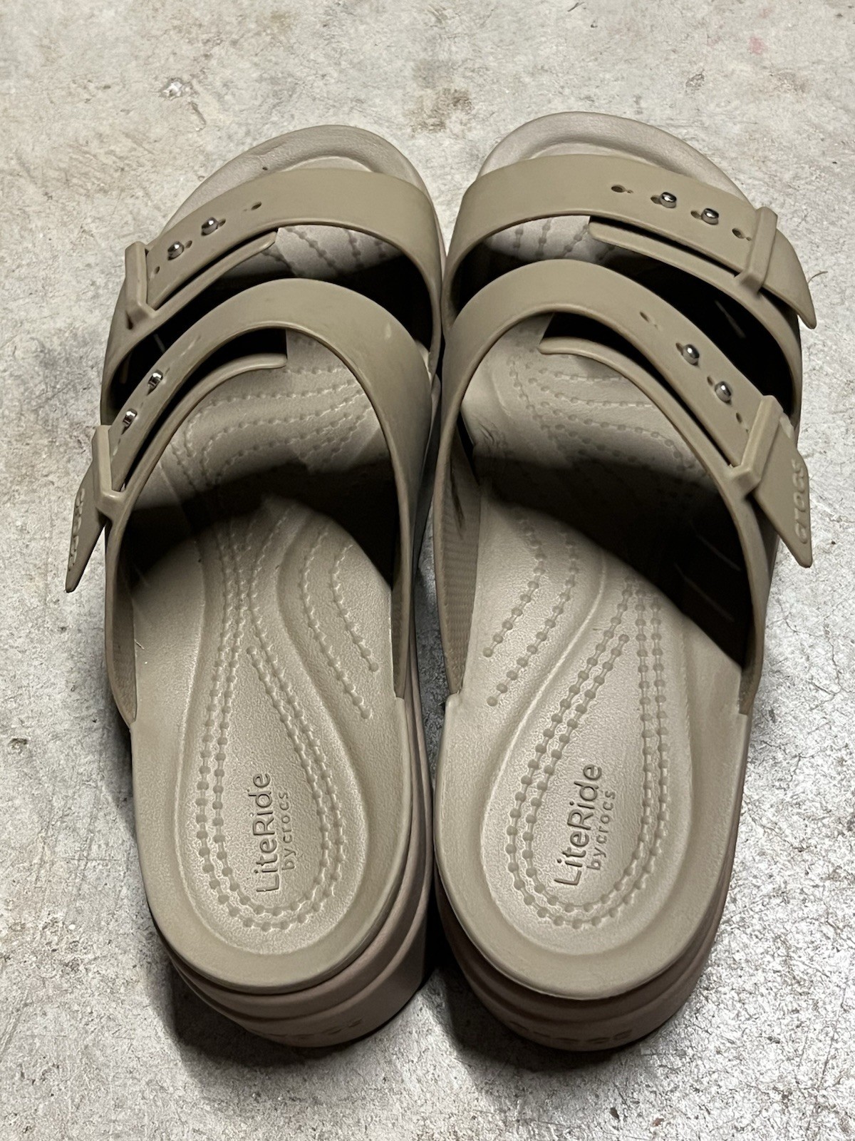 Crocs LiteRide Brooklyn Buckle Low Wedge platform Latte / Mushroom sandals sz. 7