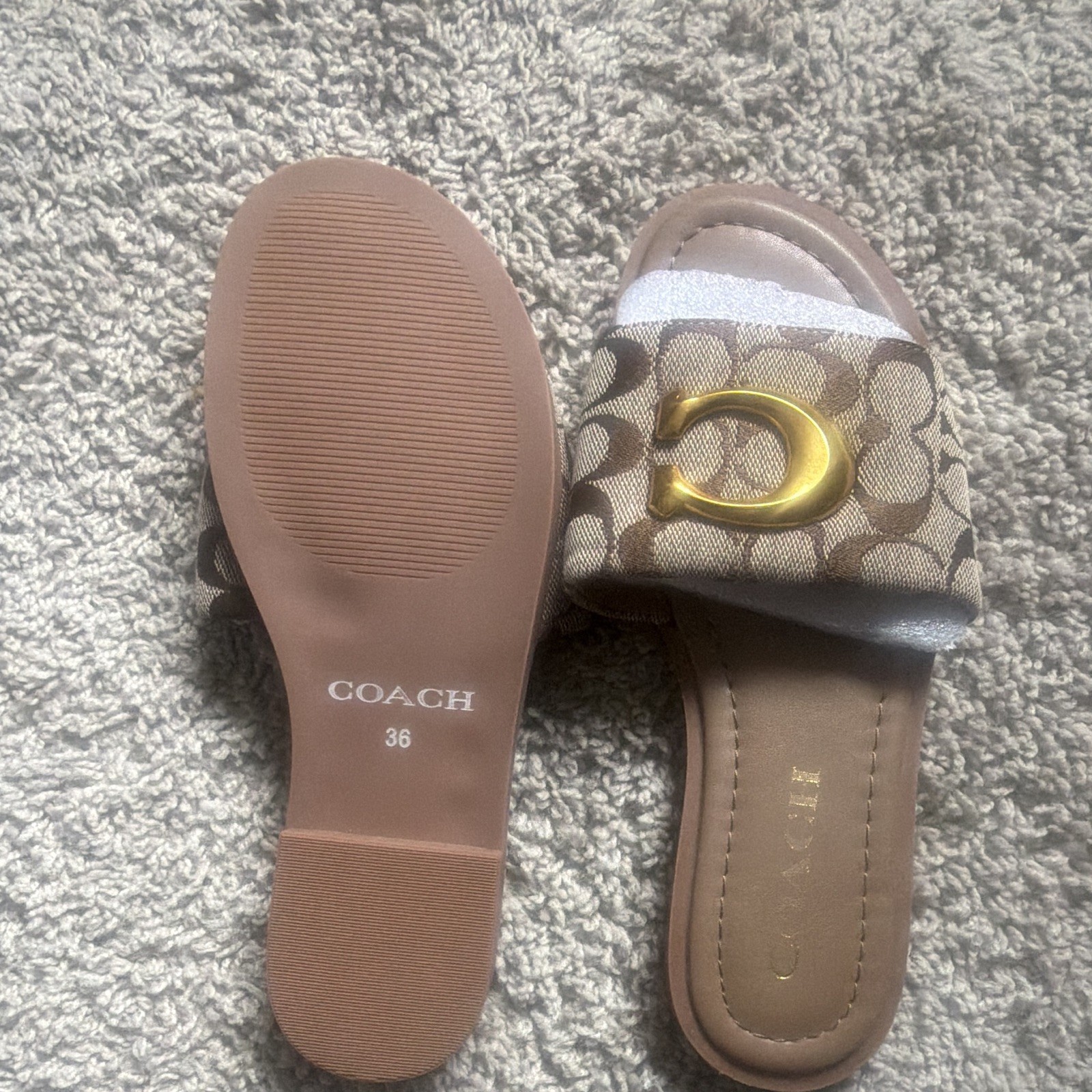 Coach Women’s Beige/Brown Signature Logo Canvas Slide Sandals Slip-On US 6 EU 36