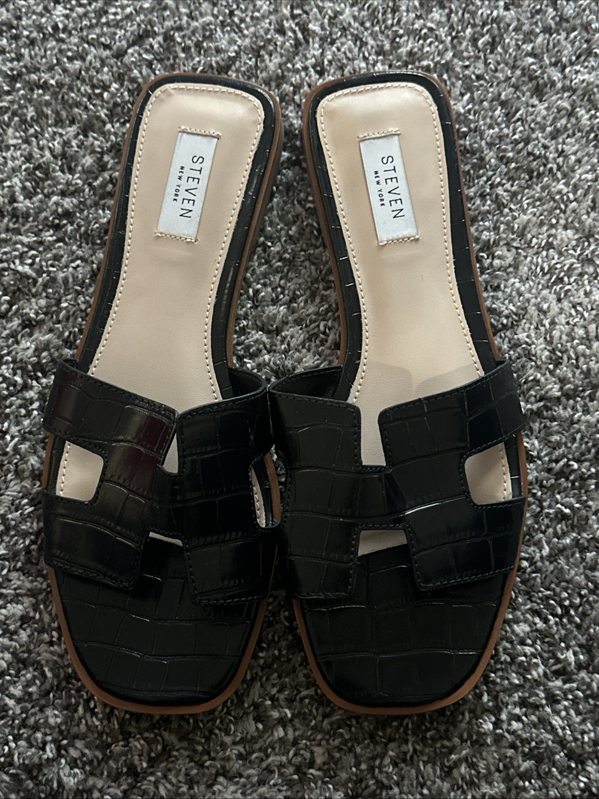 STEVEN New York «Hanna» Black Croco Embossed Women’s Slides Sandals 9 New