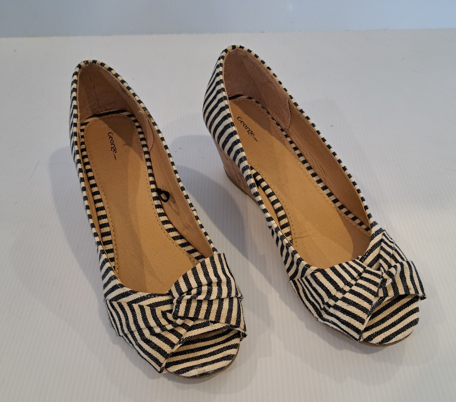 George Striped Flat Slip Ons Black & White Cork Sole and Wed Heel Size 9