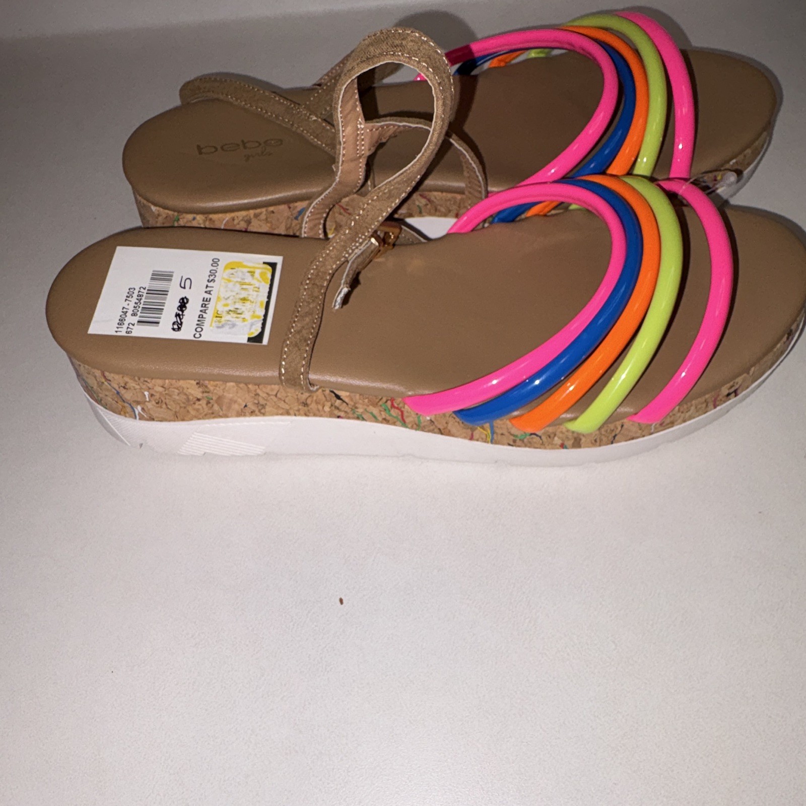 bebe Women’s Wedge Sandals Multicolor/Beige Solid Synthetic Ankle Strap 5