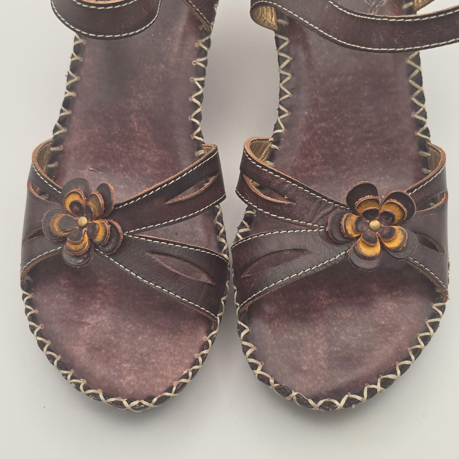 L’Artiste by Spring Step Lilith-BR Brown Leather Floral Wedge Sandals Women’s 39