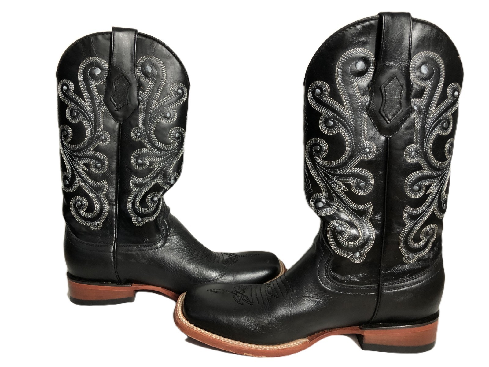 Ferrini Women’s Leather Cowboy Boots Black Silver Embroidered 8.5D See Photos