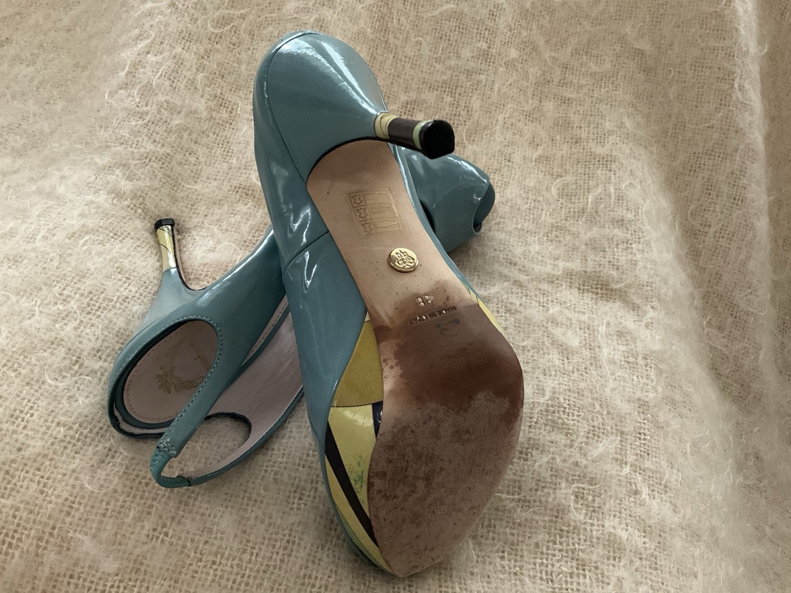 EMILIO PUCCI PEEP TOE LIGHT TEAL PATENT LEATHER PUMPS