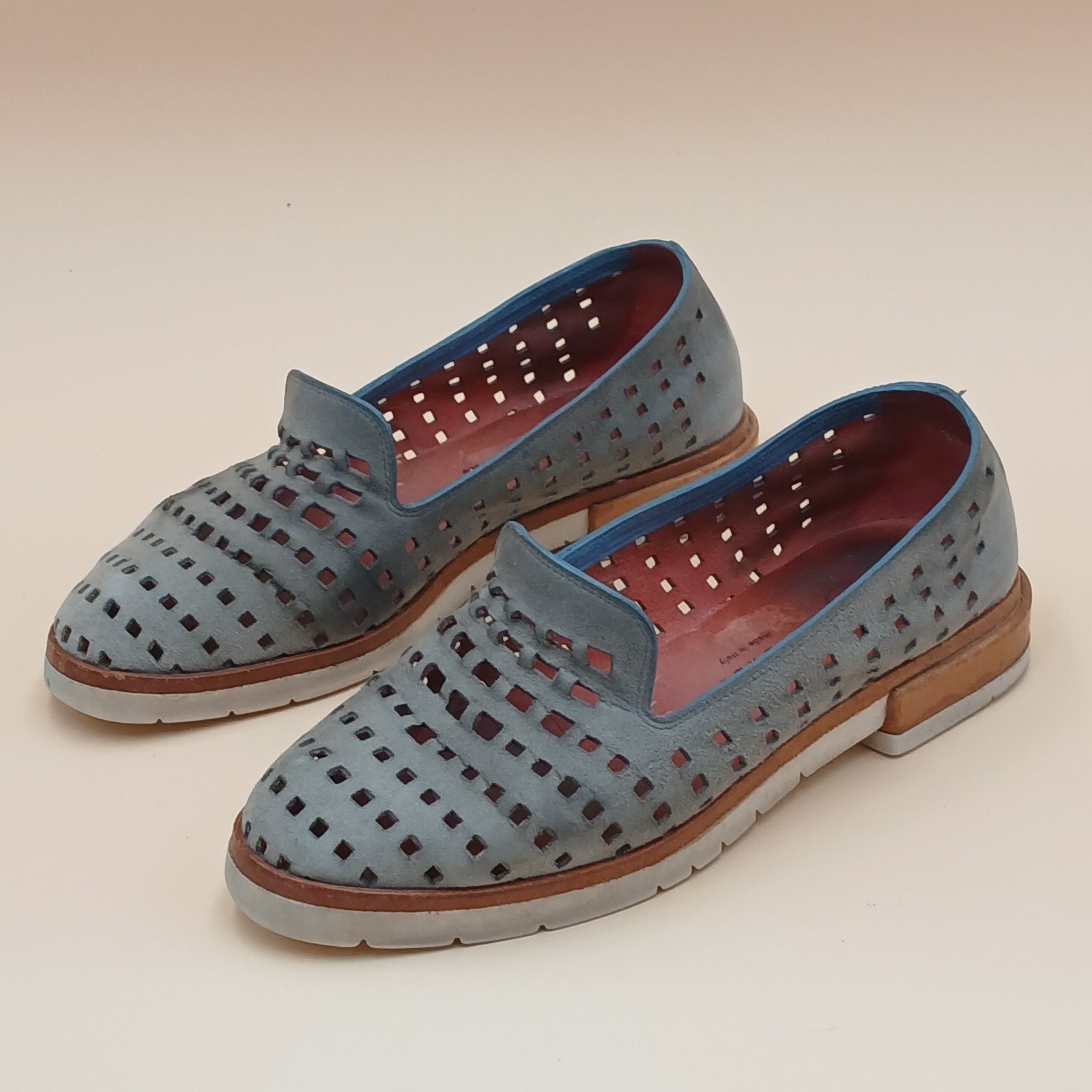 Navy Blue Suede PAS DE ROUGE Loafer Square Cut Outs 7.5 Eu 38