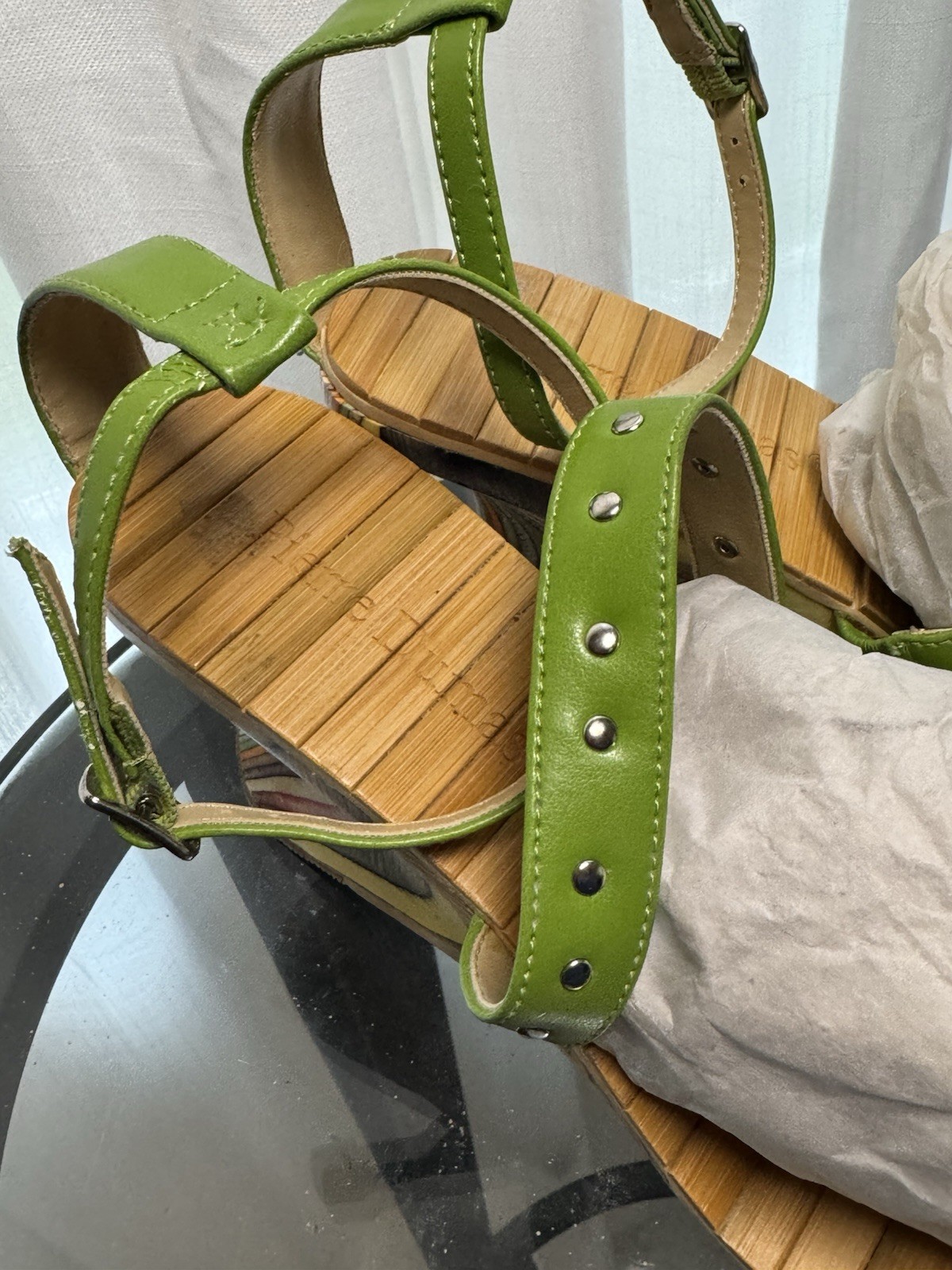 Women’s Green Strappy Wedge Sandals Studded Adjustable Ankle Strap Buckle