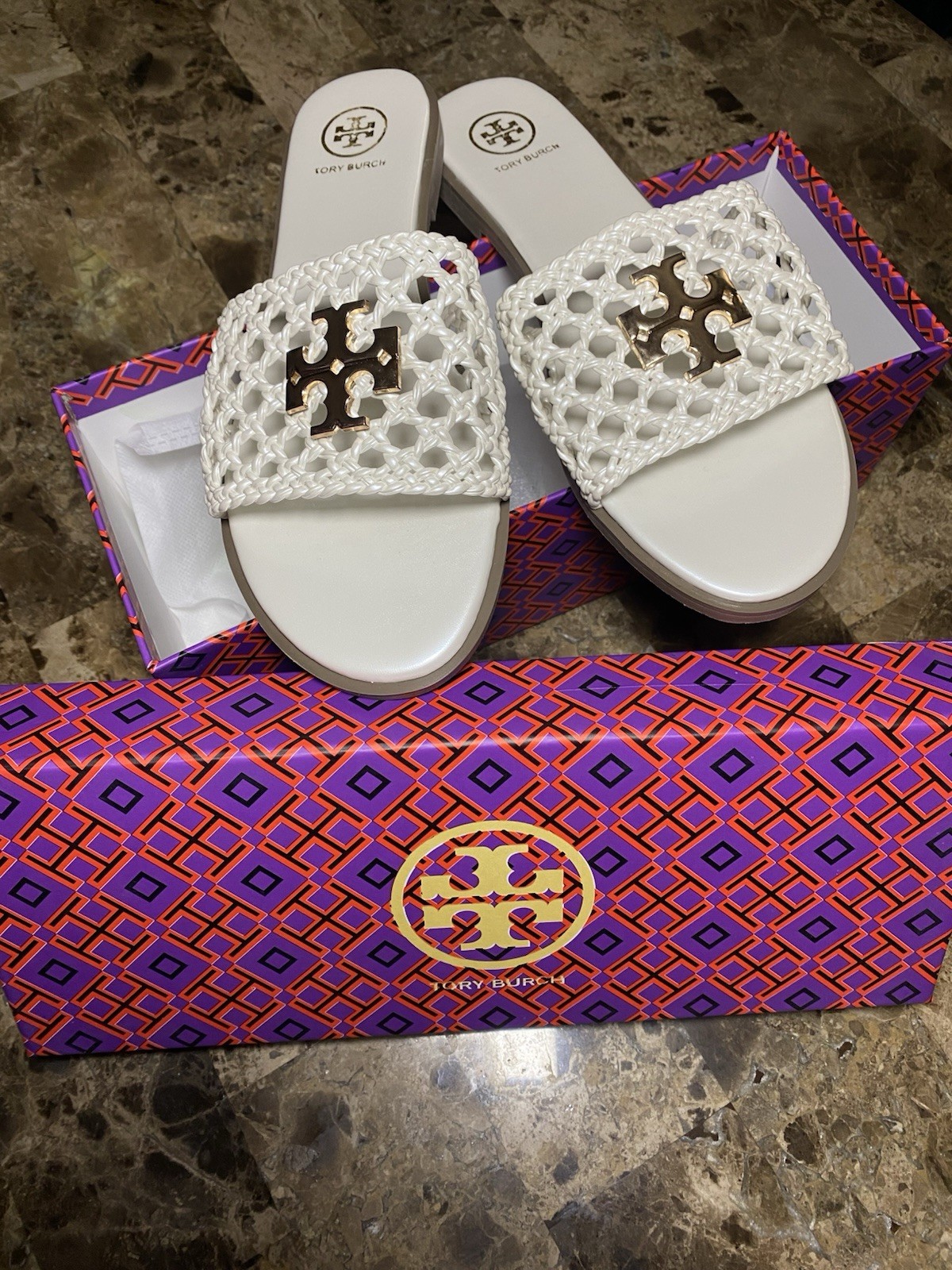 Tory Burch Eleanor Woven Flat Slides In White