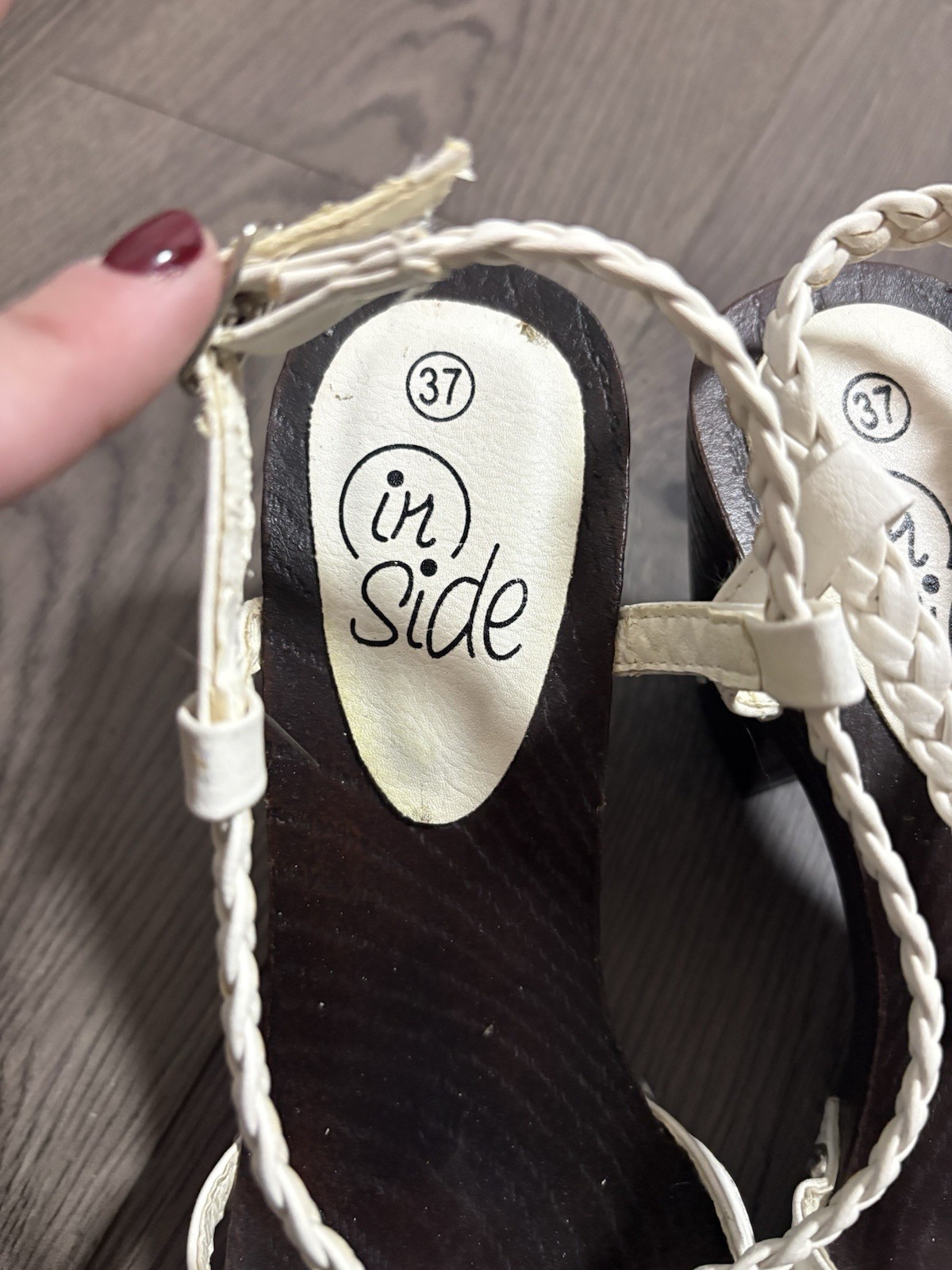 White Braided Strapped Faux Wood Block Heel Studded Sandals Italian Classic