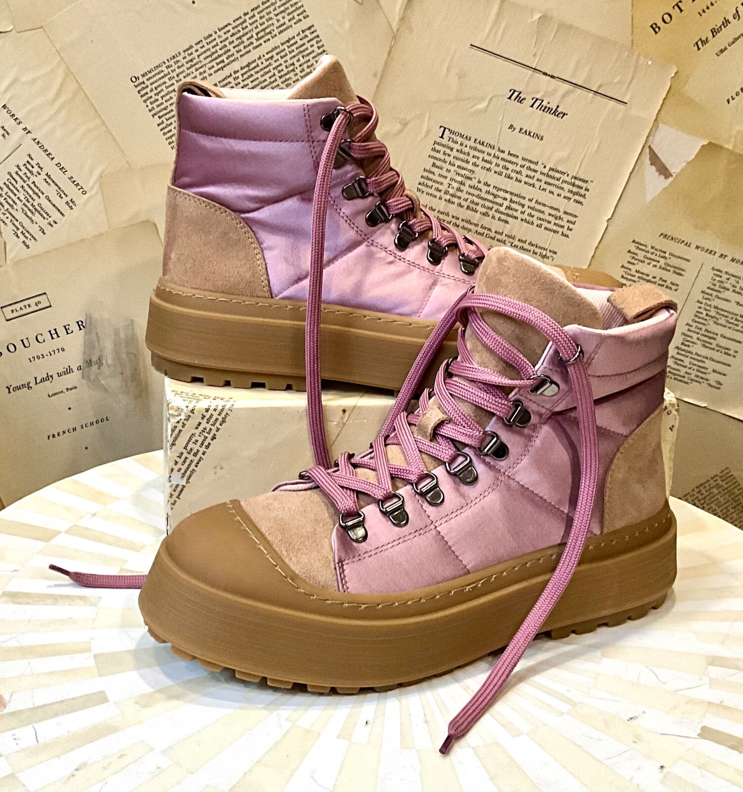 Anthropologie Maeve Hiker Boot Pink Satin Tan Suede Rubber Lace Up 40/ 9-9.5 NEW