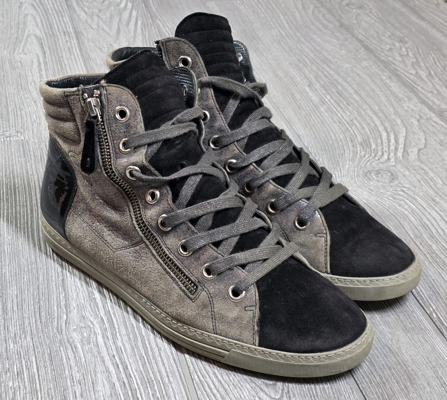 Paul Green brown Black metallic leather & suede hightop sneaker sz 8.5 zip Side