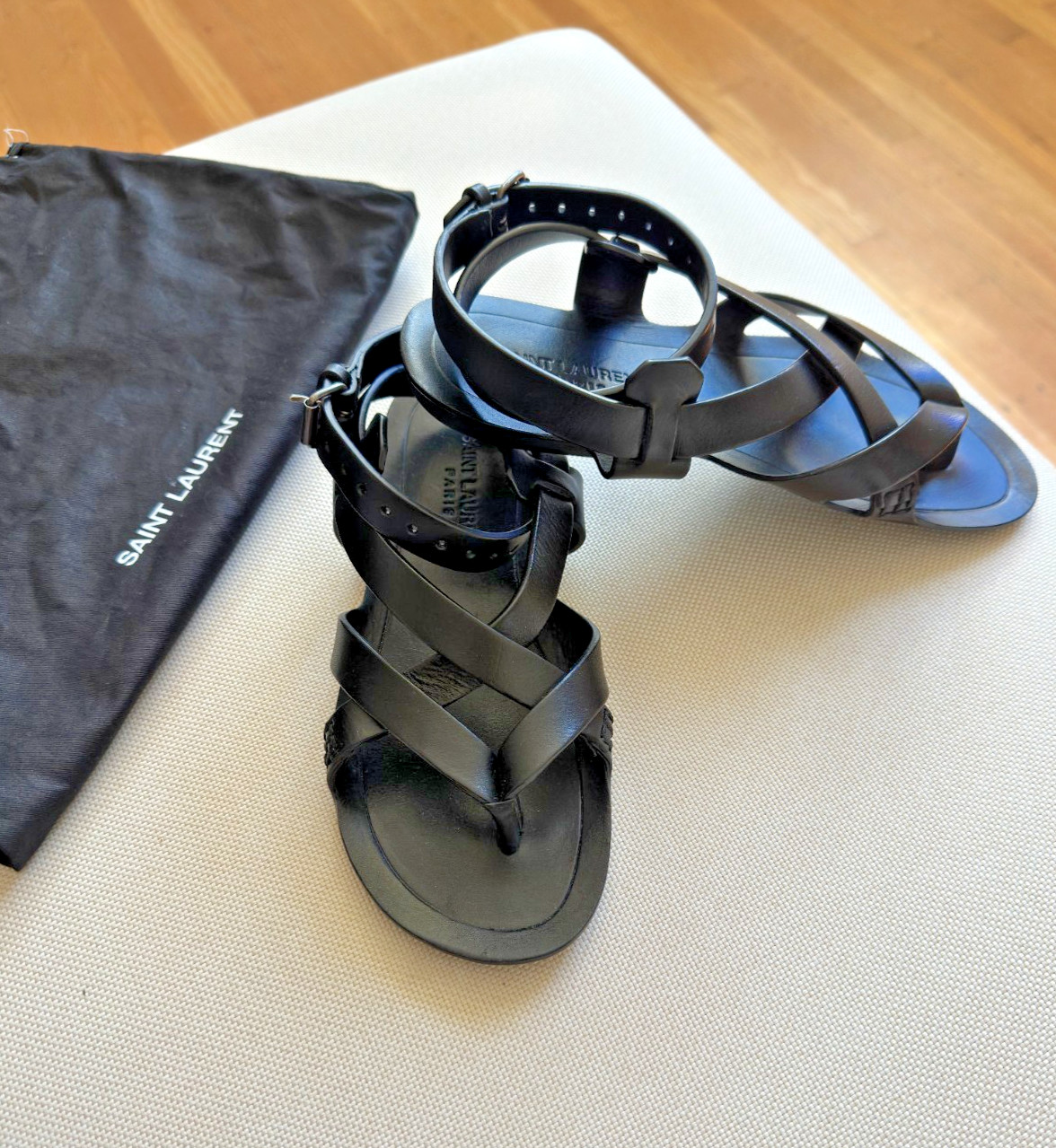 NEW SAINT LAURENT CULVER BLACK LEATHER GLADIATOR BUCKLE SANDALS SIZE IT 36 | US
