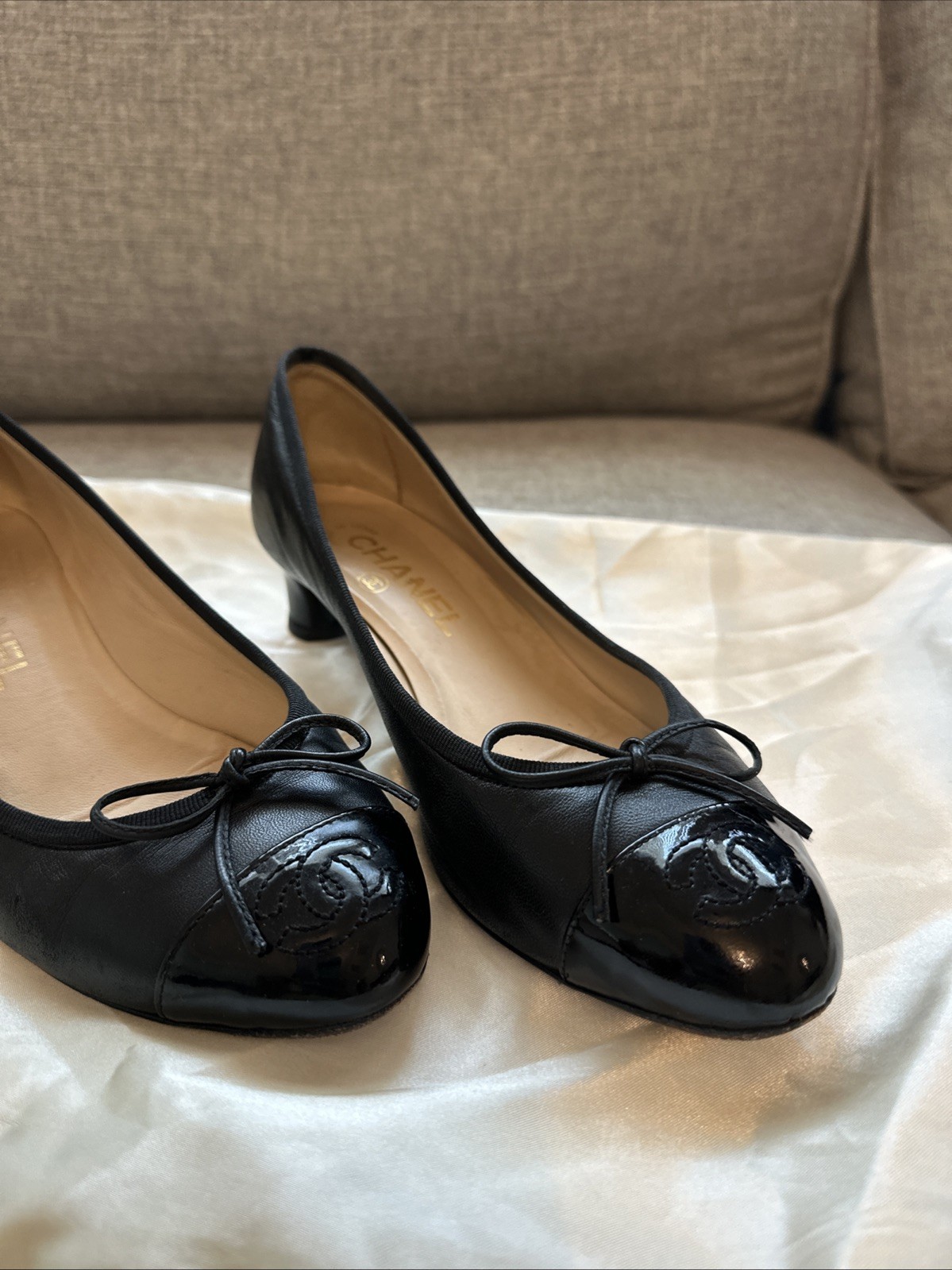 CHANEL Black Patent Leather CC Logo Cap-Toe Pump Heel Wedge Size 37