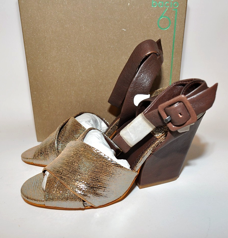 Bacio 61 «Betulla» Leather Wedge Ankle Strap Sandal 4.25″ Heel, Brown/Silver NIB
