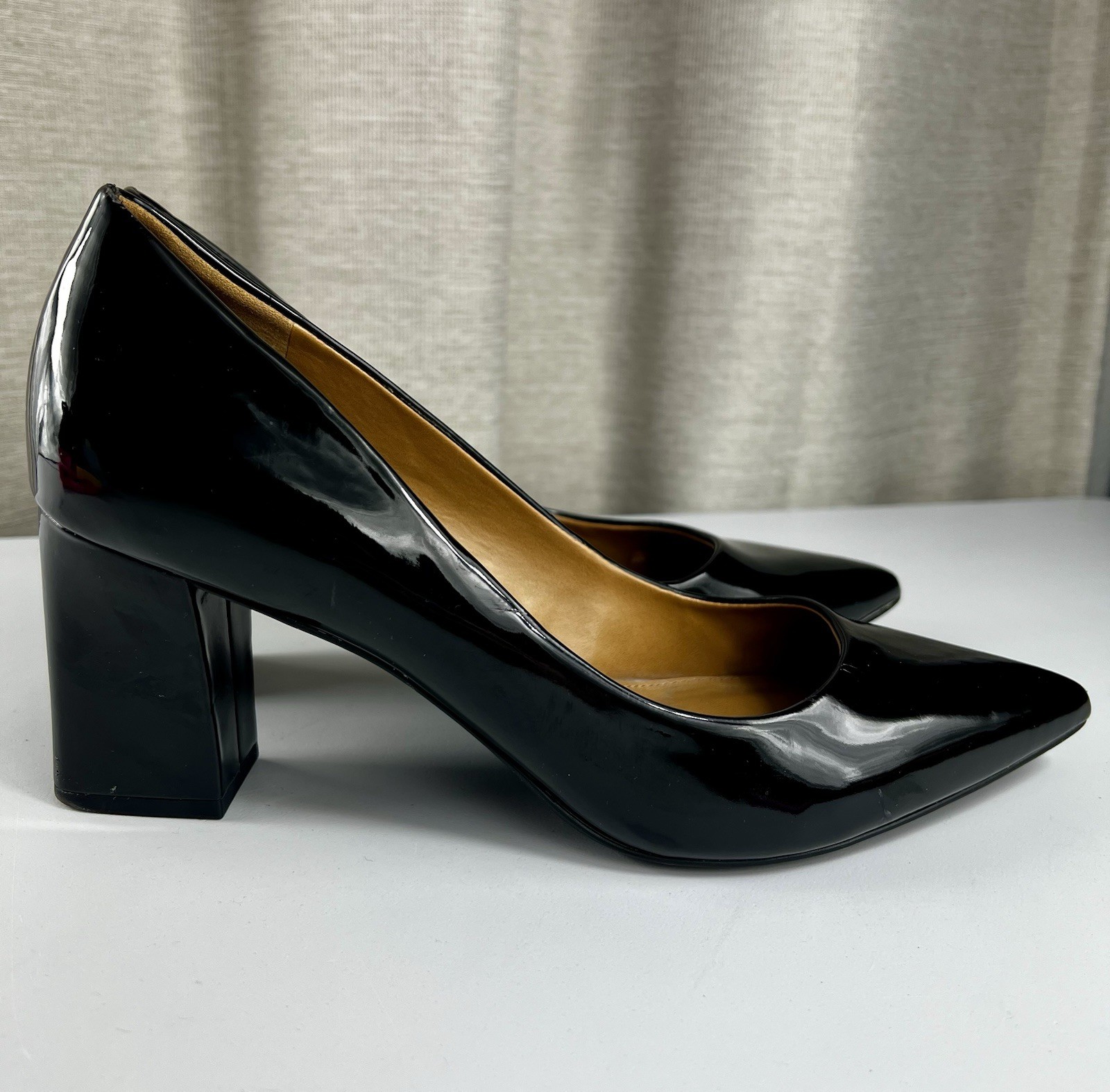 14th & Union Black Patent Leather Pumps Heels, Pointed Toe, Cube Heel Size 9 M