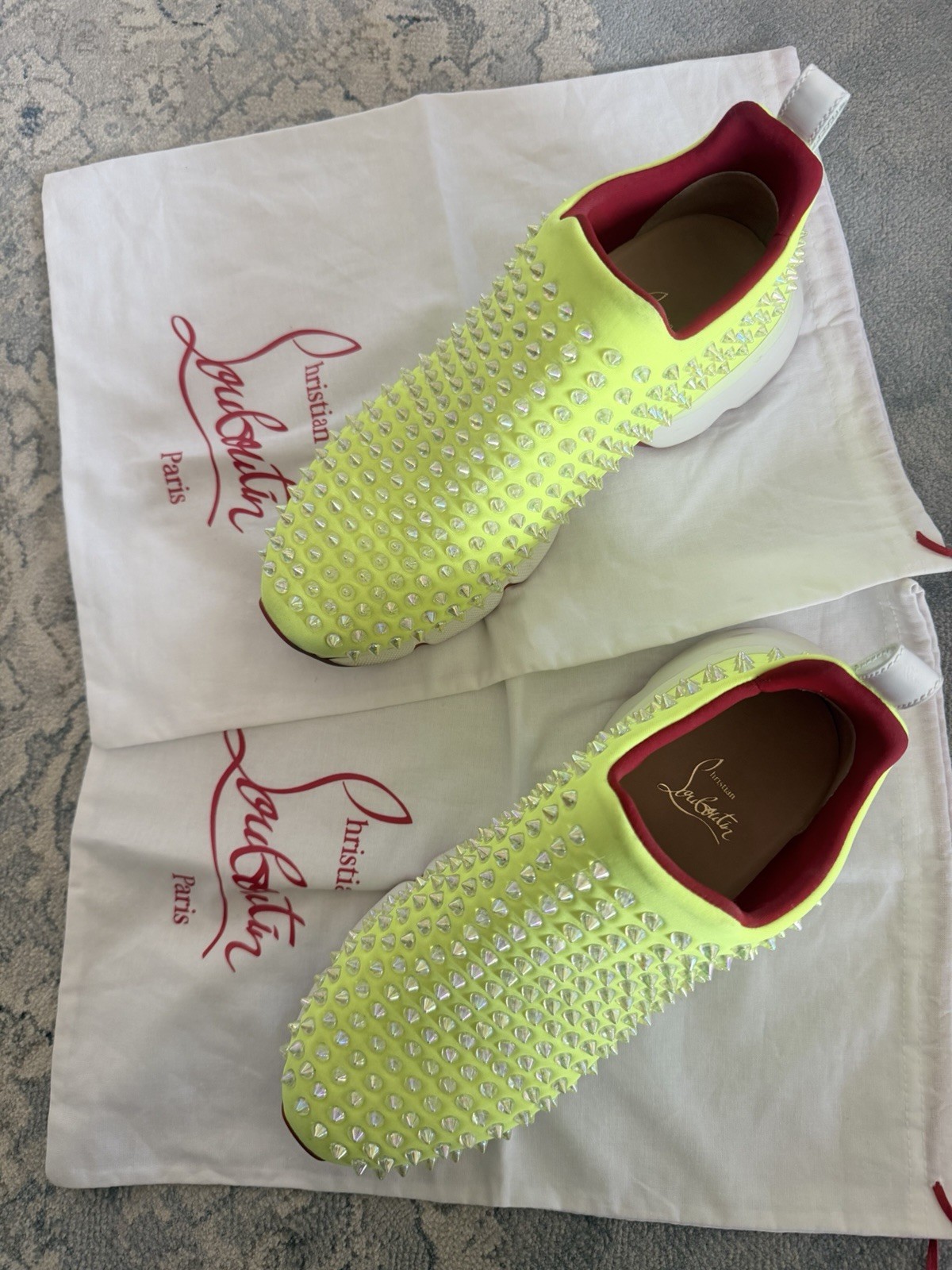 STUNNING CHRISTIAN LOUBOUTIN SPIKE SOCK ,slip-on sneakers in vibrant neon yellow