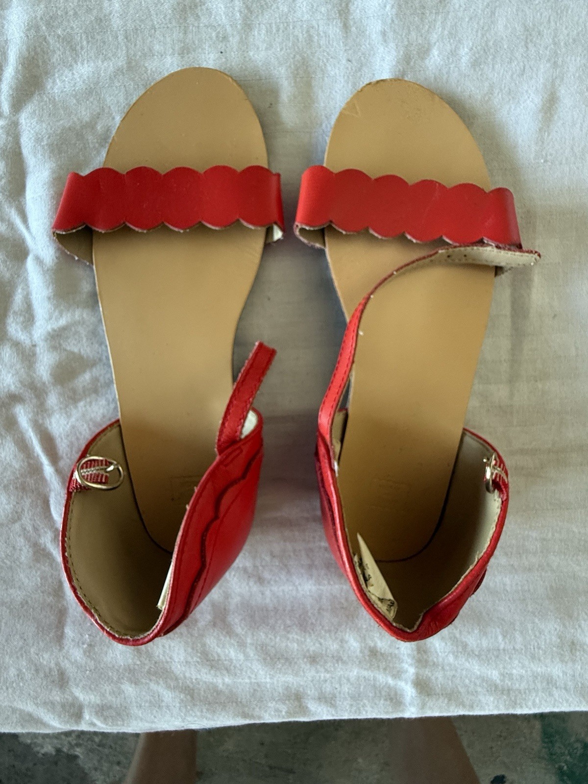 Red Beige Flat Sandals Scalloped Straps Buckle Closure Faux Leather Casual