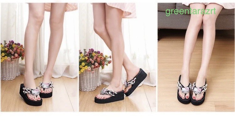 Hello Kitty Flip Flops Women Platform Shoes Summer Fashion High Heels Slipper