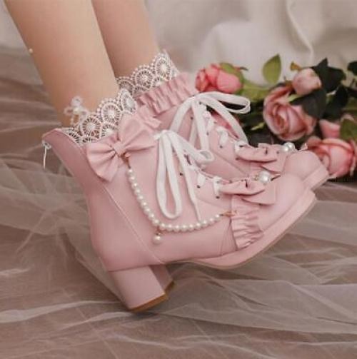 Women Bow Round Toe Block Heel Ankle Boot Lace Lolita Boot Sweety Mary Jane Shoe