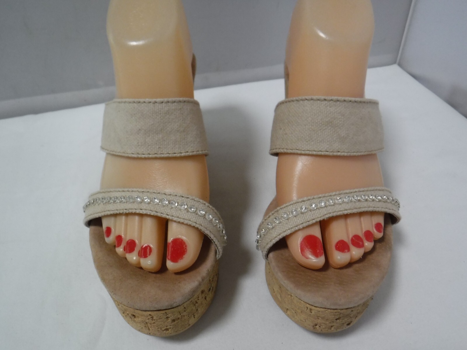 PF2 SBICCA Vintage Collection Cork Platform Beige Canvas Wedge Heel Sandals 8 39