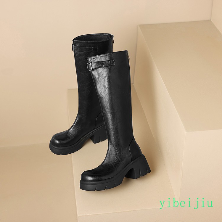 Womens Knee High Long Boots Lady Round Toe Shoes Vintage Fall Winter Chunky Heel
