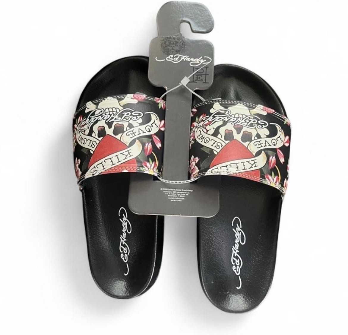 NWT Ed Hardy Black/White/Red Skull & Rose Slide Sandals shoes 7 Water Resistant