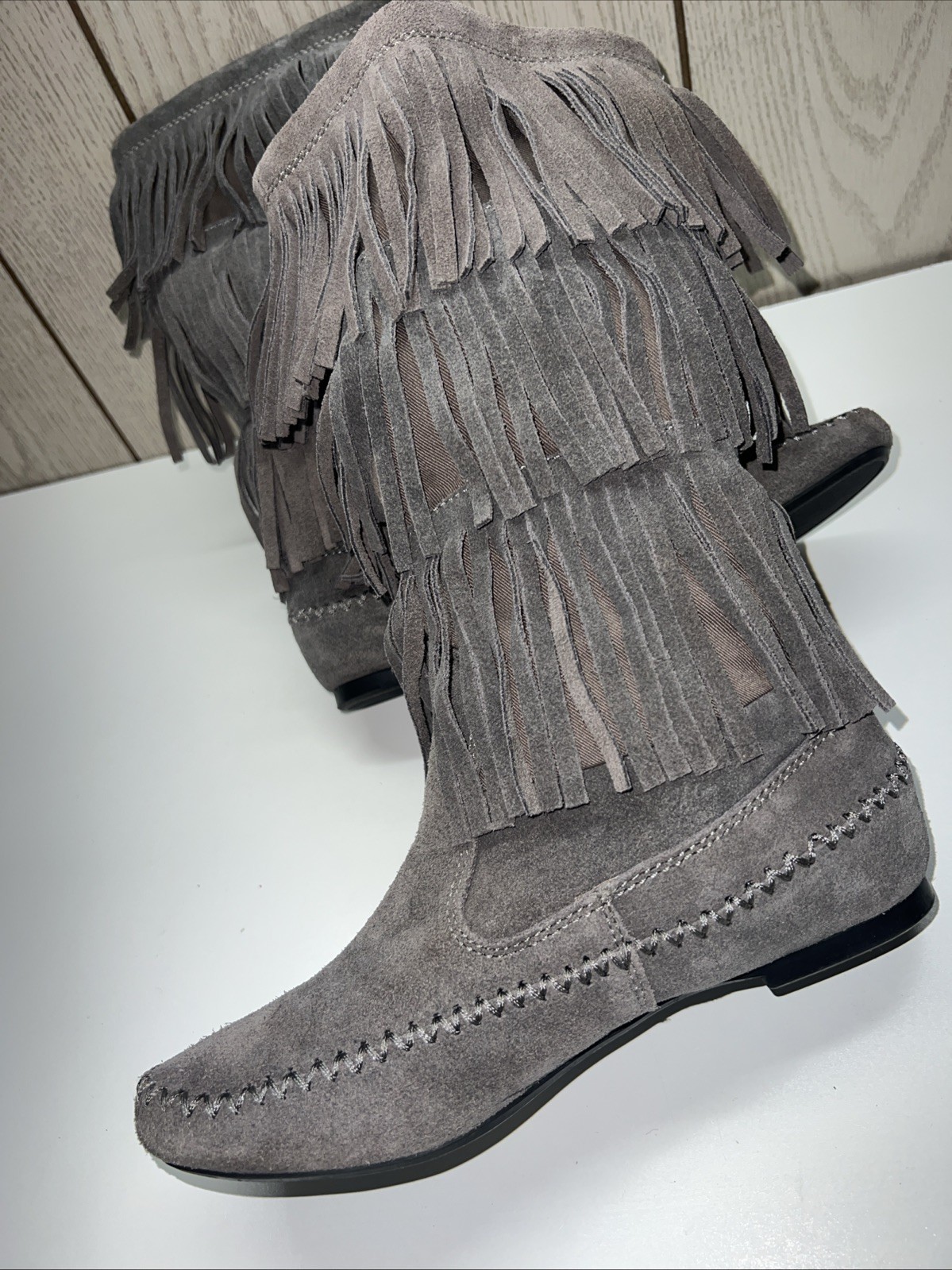 LC Lauren Conrad Thia 3-Tier Fringe Slip On Flat Festival BoHo Moccasin Boot 6 M